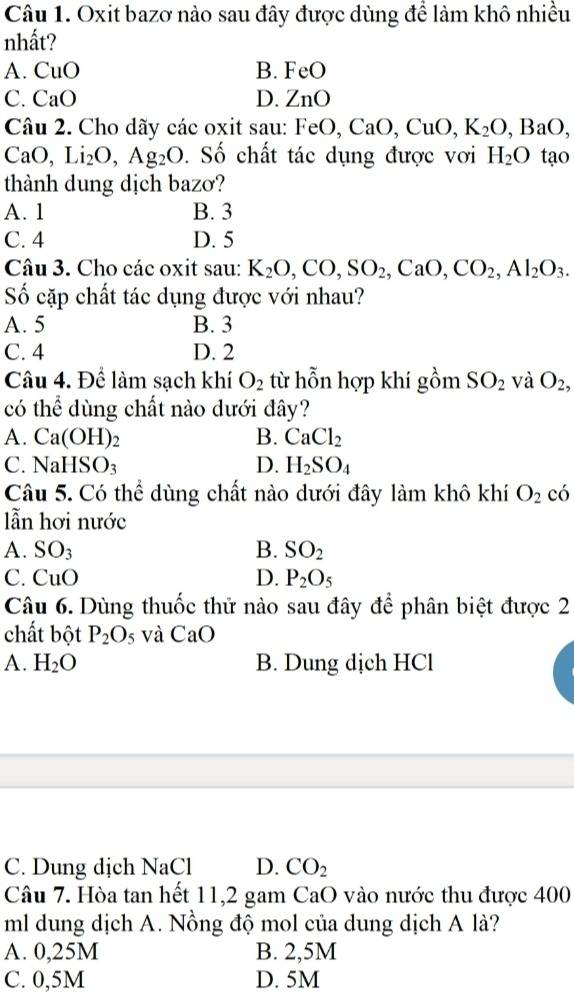 Oxit Bazơ Nào Sau Đây Được Dùng Để Làm Khô Nhiều Nhất?