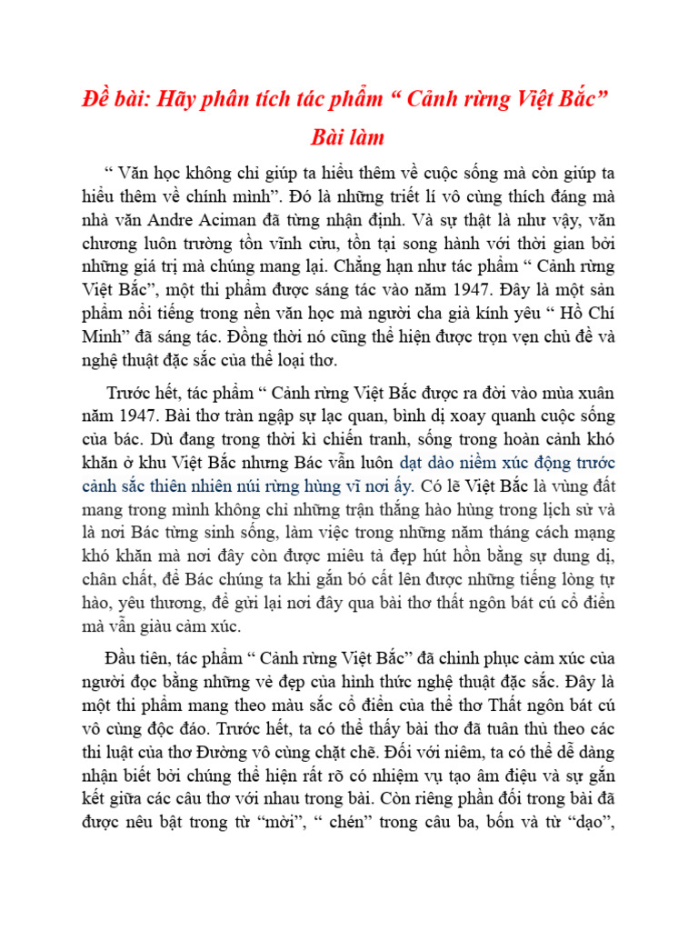Phân tích bài thơ Cảnh rừng Việt Bắc