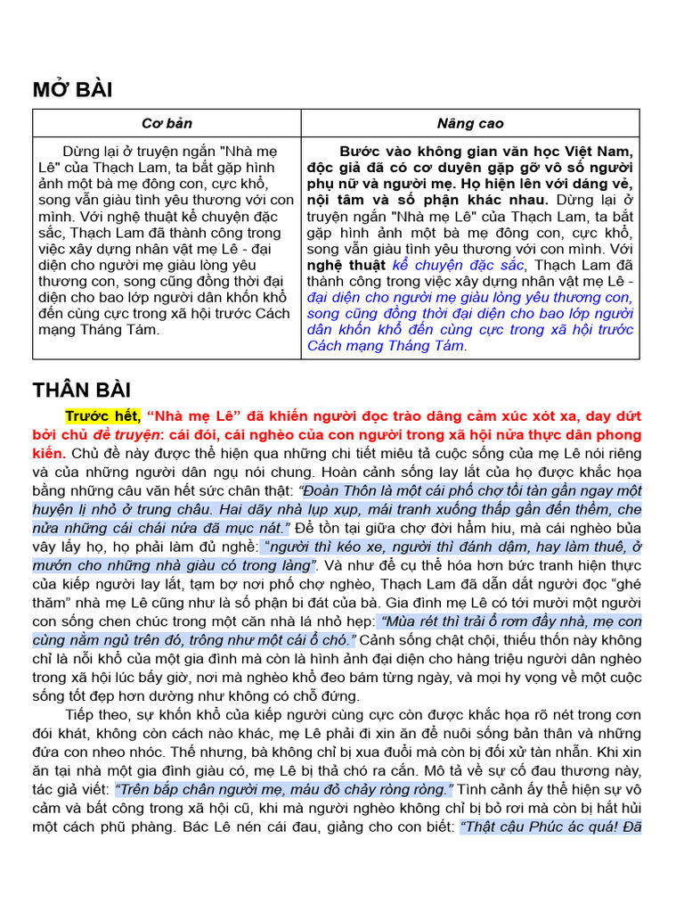 Phân tích Nhà mẹ Lê Thạch Lam