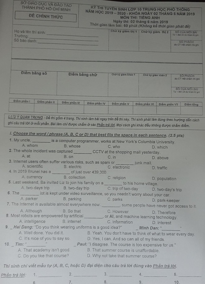 Đáp án đề thi tuyển sinh lớp 10 môn Anh năm [Năm] Gallery 2