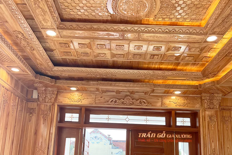 Phòng Khách Mẫu Trần Gỗ Xoan Đẹp