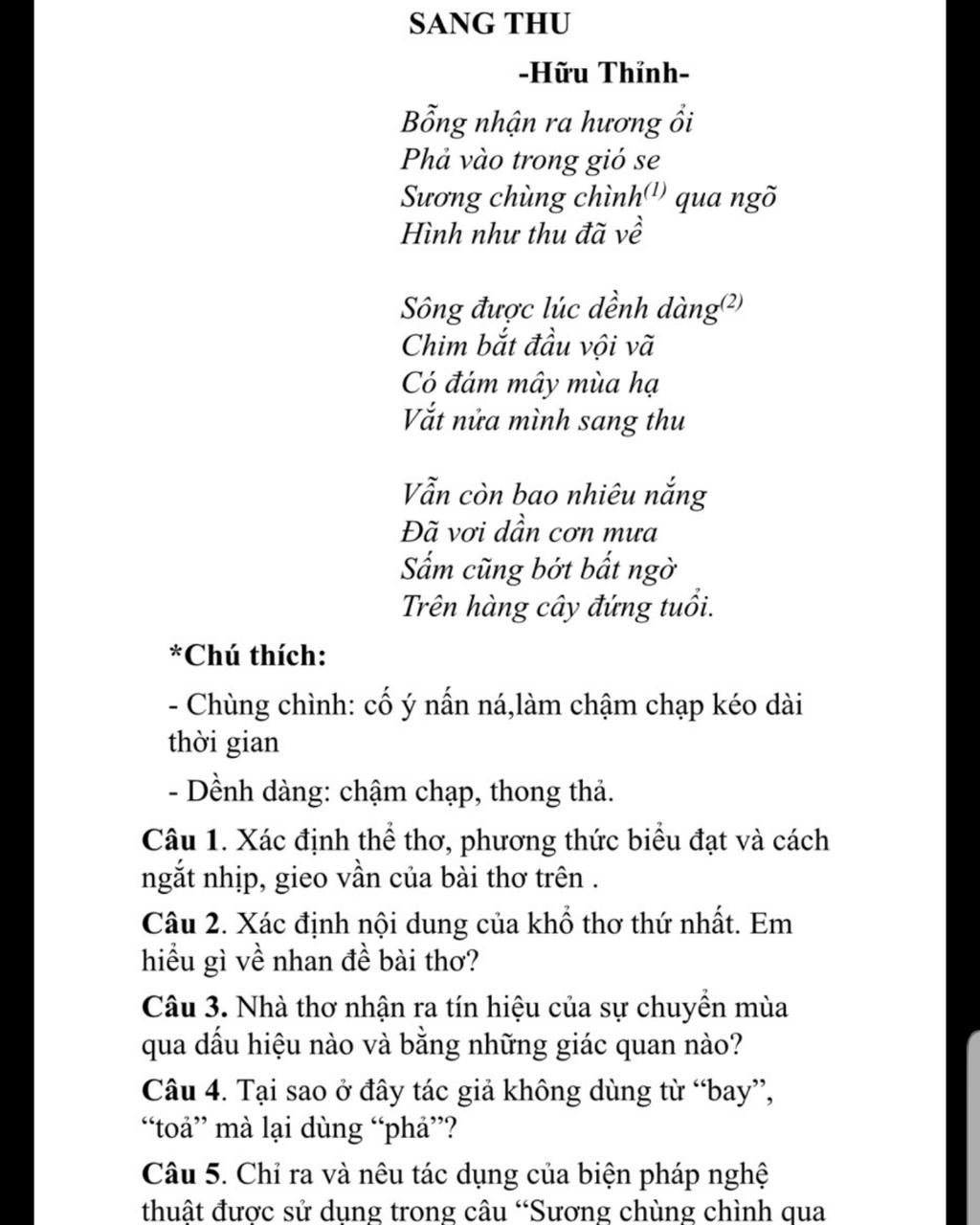 Phương thức biểu đạt chính trong bài thơ Sang Thu