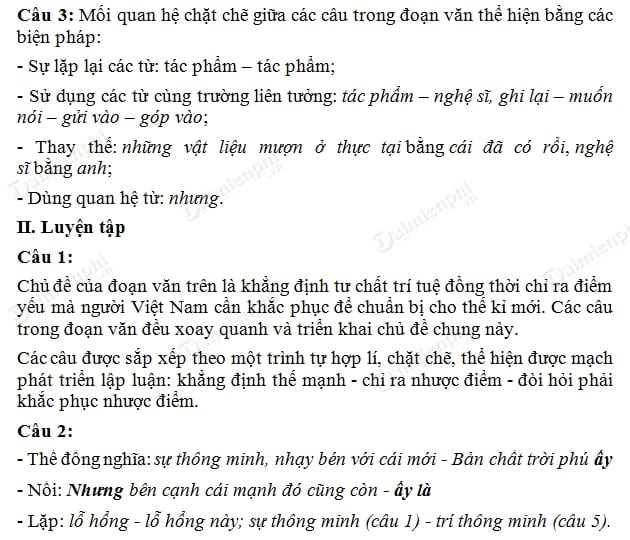 Soạn Liên Kết Câu và Liên Kết Đoạn Văn (Tiếp Theo)