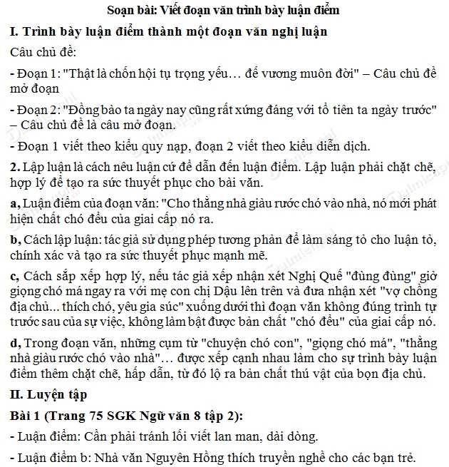 Soạn Văn 8: Bài Viết Đoạn Văn Trình Bày Luận Điểm