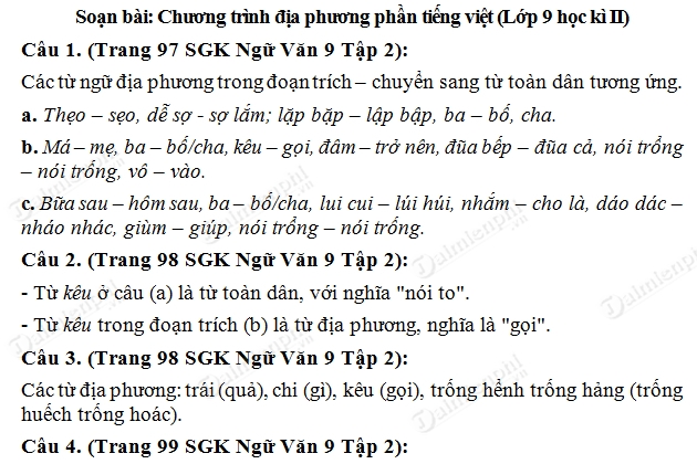 Soạn Văn 9 Chương Trình Địa Phương Phần Tiếng Việt