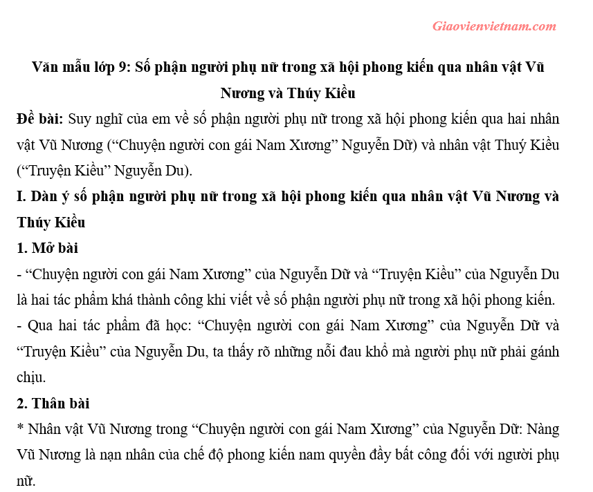 Suy nghĩ về thân phận người phụ nữ trong xã hội phong kiến qua nhân vật Vũ Nương và Thúy Kiều