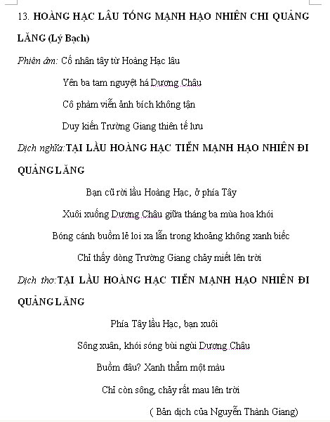 Tại Lầu Hoàng Hạc Tiễn Mạnh Hạo Nhiên Đi Quảng Lăng