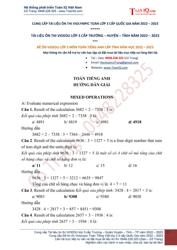 Grade 3 English Math Exam Review Materials