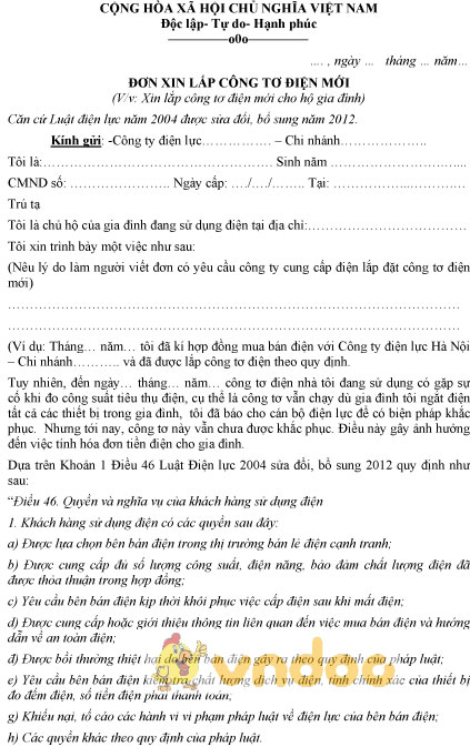 Mẫu Đơn Xin Lắp Công Tơ Điện Gallery 1