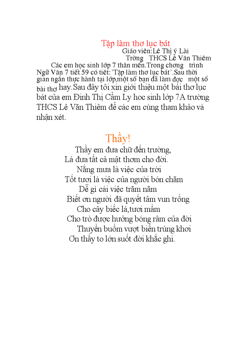 Tập Làm Bài Thơ Lục Bát