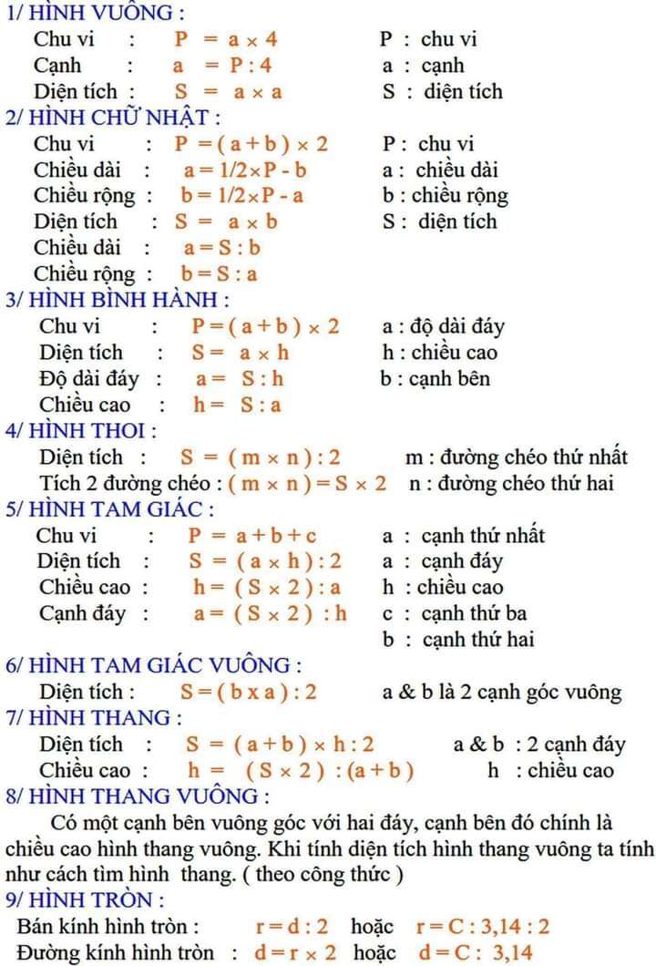 Công thức Toán lớp 5 học kì 2