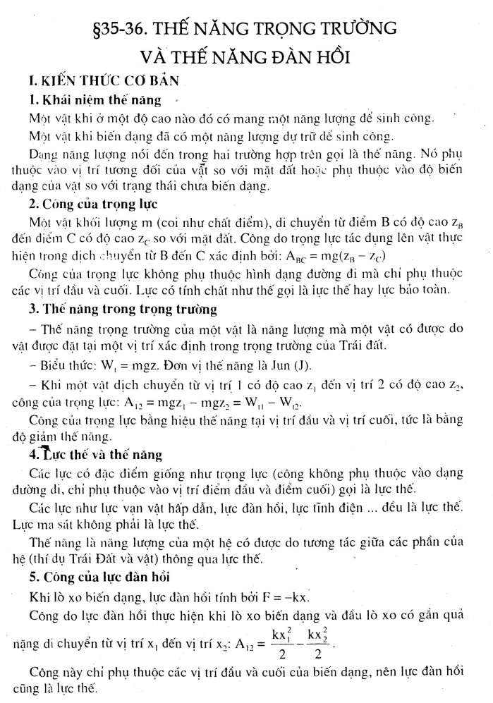 Thế năng của một vật không phụ thuộc vào xét vật rơi trong trọng trường