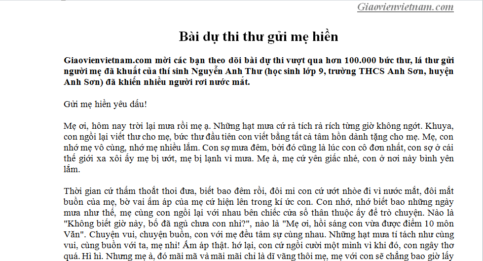 Thư Gửi Mẹ Hiền