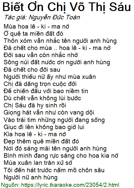 Lời Bài Hát Biết ơn Chị Võ Thị Sáu Gallery 2