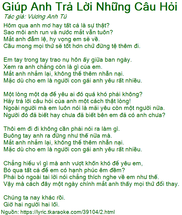 Lời Bài Hát Giúp Em Trả Lời Những Câu Hỏi Gallery 2