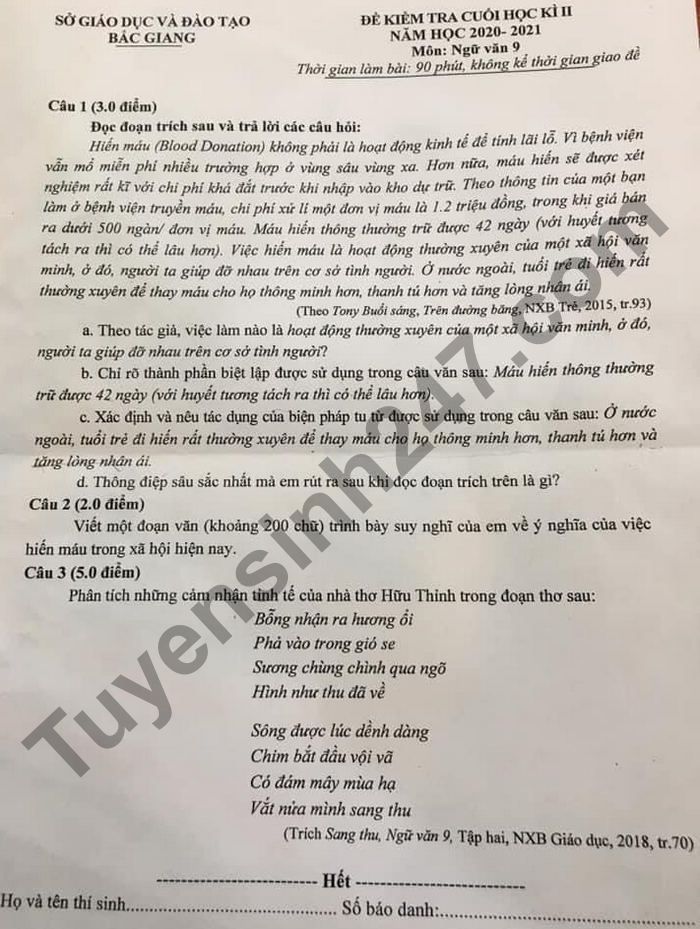 Đề thi học kì 2 lớp 9 môn Văn An Giang 2020-2021 Gallery 1