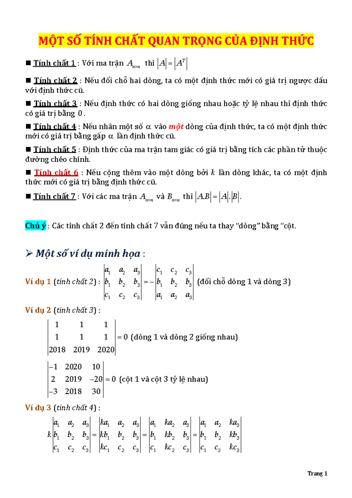 Tính chất của định thức