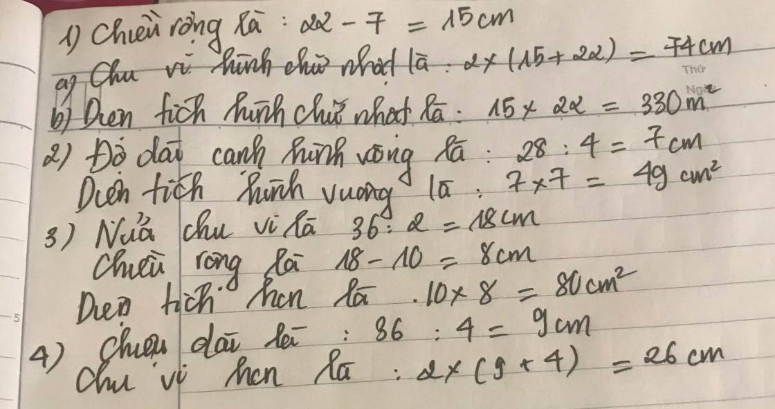 Tính diện tích hình vuông có chu vi 36 cm