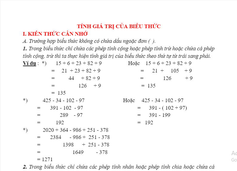 Tính Giá Trị Biểu Thức Lớp 2