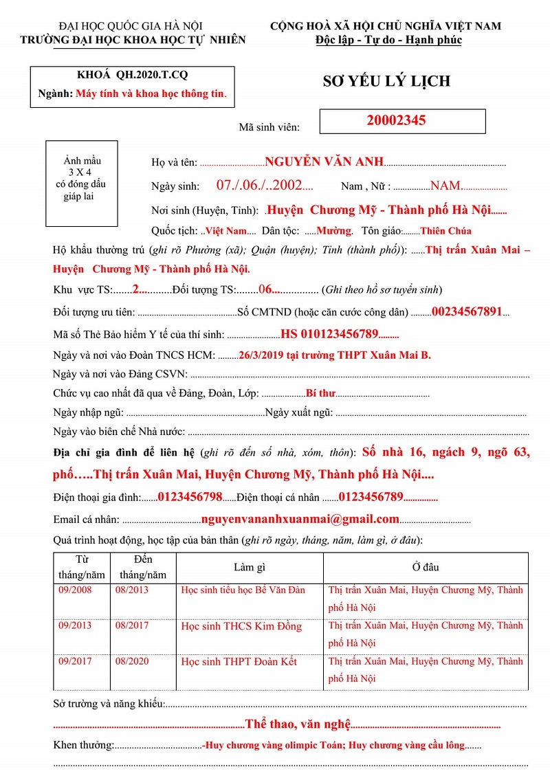 Tóm tắt quá trình bản thân từ 12 tuổi