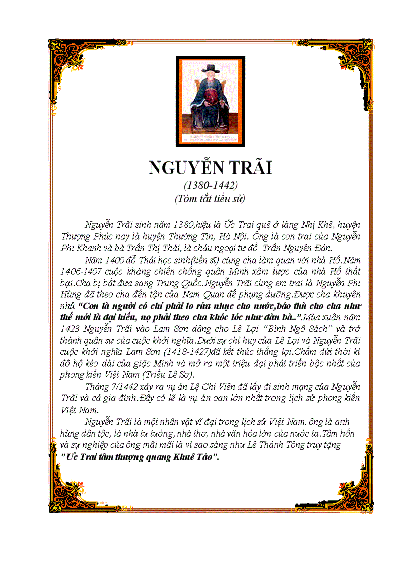 Tóm tắt tiểu sử Nguyễn Trãi