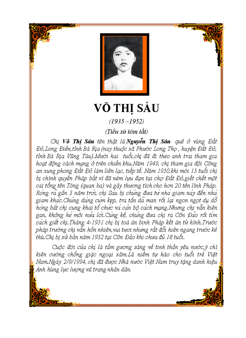 Tóm tắt tiểu sử Võ Thị Sáu