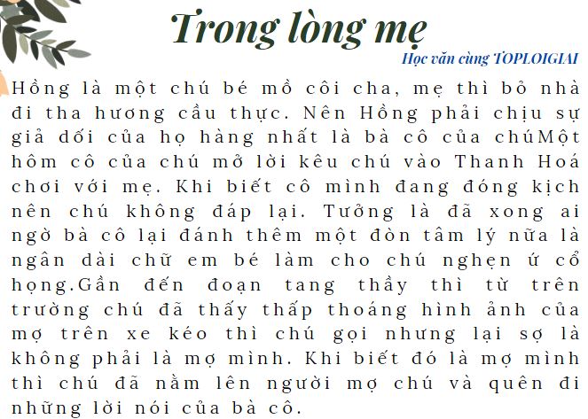 Tóm tắt văn bản Trong lòng mẹ ngắn nhất