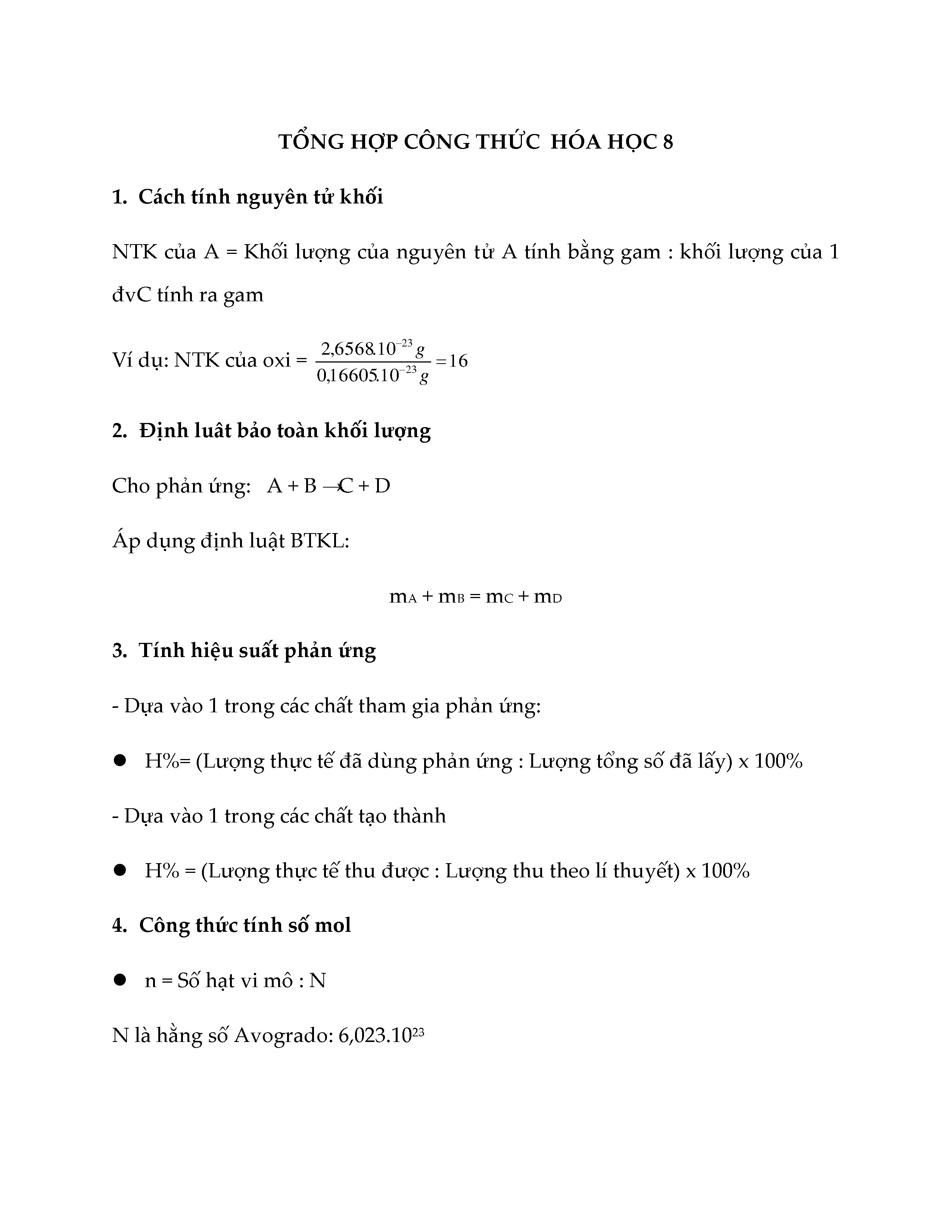 Tổng hợp kiến thức Hóa học lớp 8