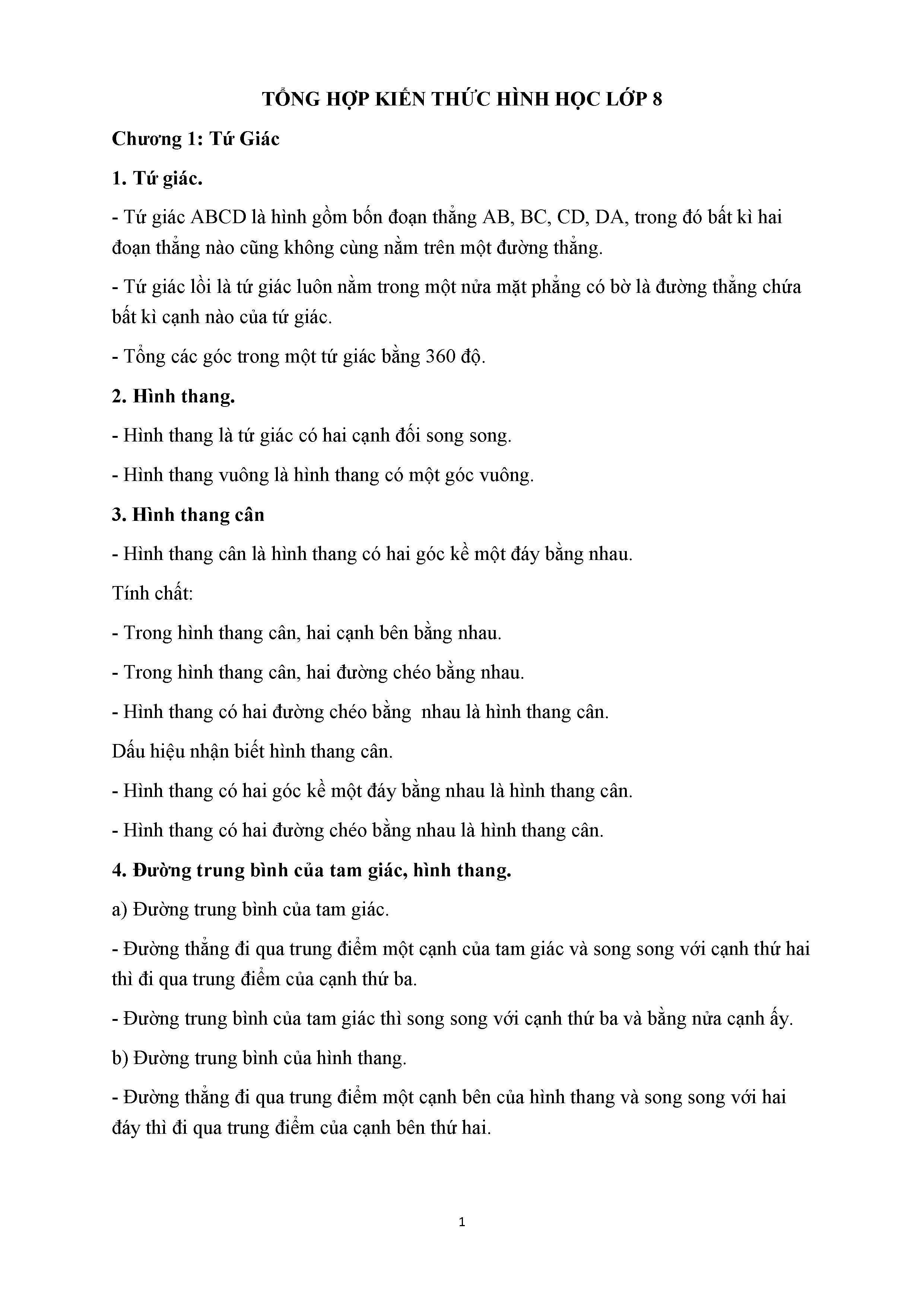 Tổng hợp kiến thức Toán hình 8