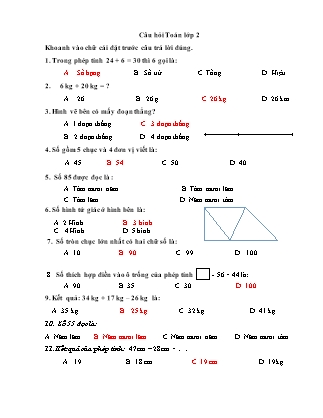 Trắc nghiệm toán lớp 2 có đáp án