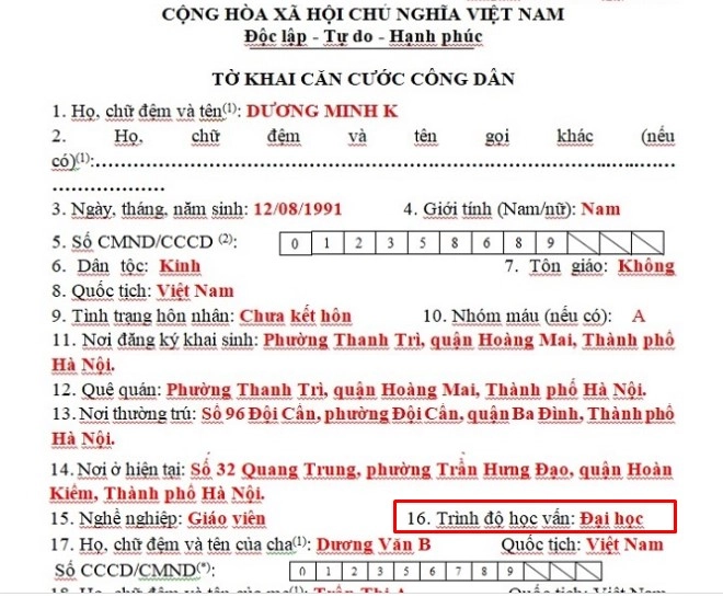 Trình độ học vấn ghi gì?