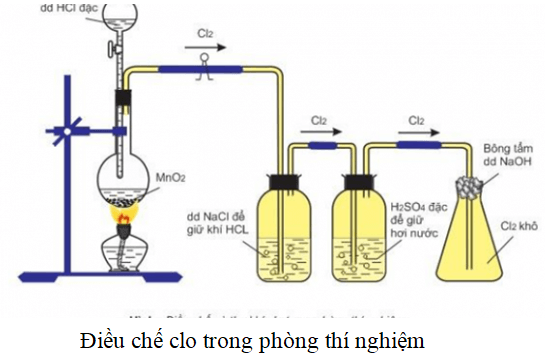 Trong phòng thí nghiệm clo được điều chế bằng cách cho HCl đặc phản ứng với