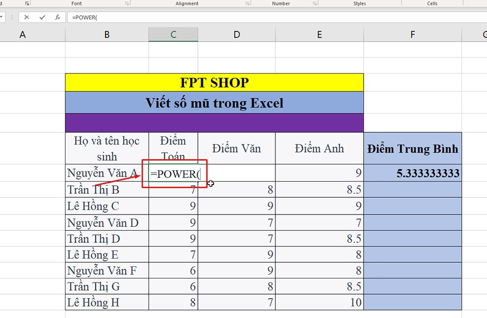 Công thức mũ trong Excel Gallery 2