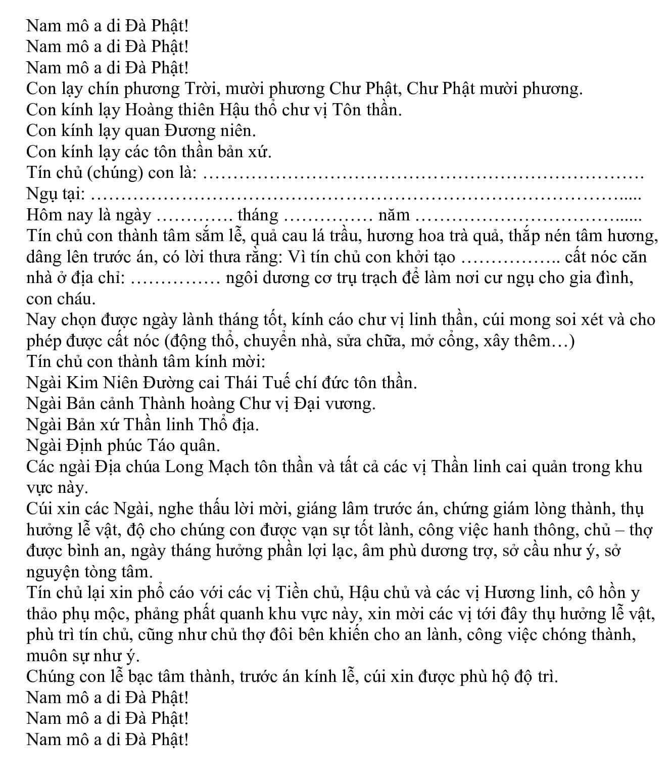 Văn Khấn Đổ Trần Nhà Chuẩn Nhất