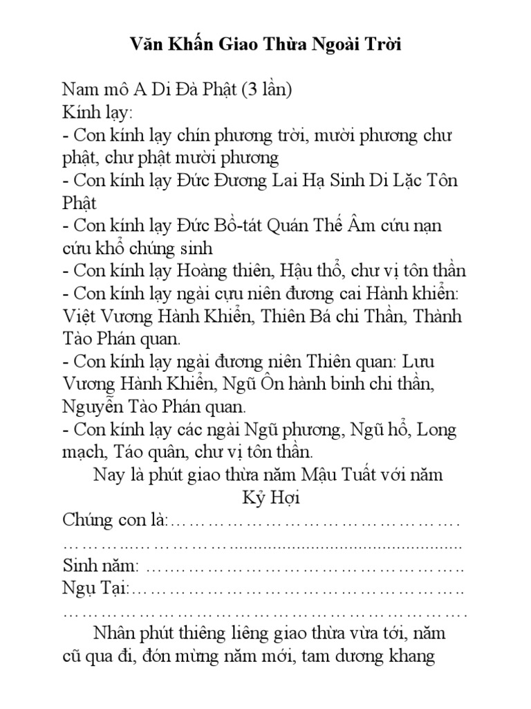 Văn Khấn Giao Thừa Ngoài Trời Ngắn Gọn