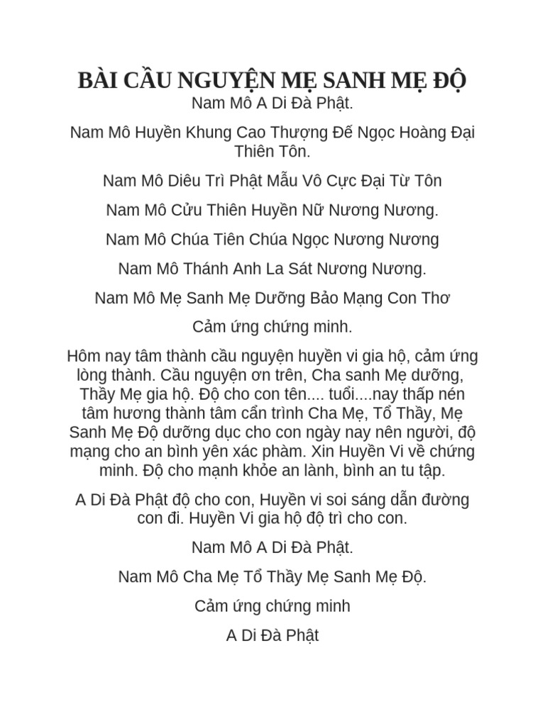 Văn Khấn Mẹ Sanh Mẹ Độ Chuẩn Nhất