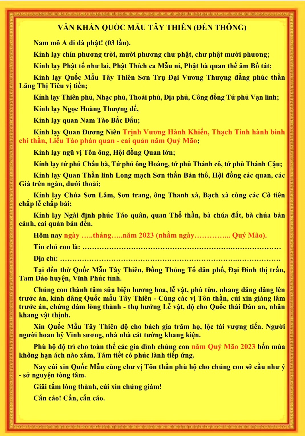 Văn Khấn Quốc Mẫu Tây Thiên