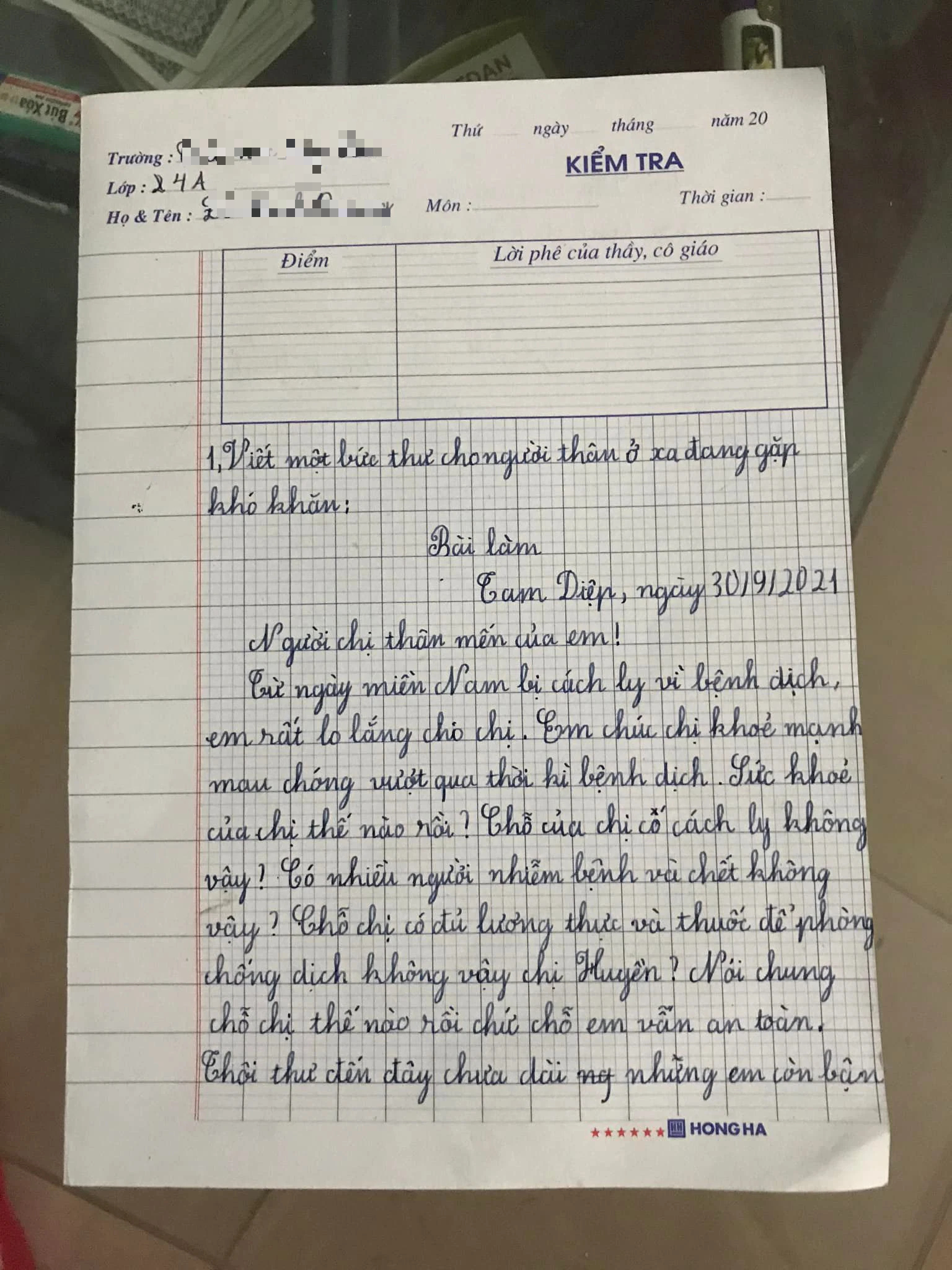 Văn viết thư cho người thân lớp 4