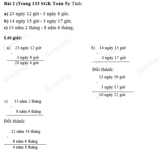 Trừ số đo thời gian trang 133 Gallery 2
