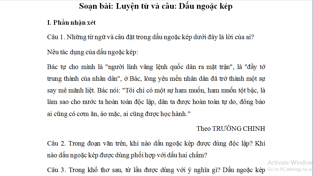 Ví dụ về dấu ngoặc kép lớp 4
