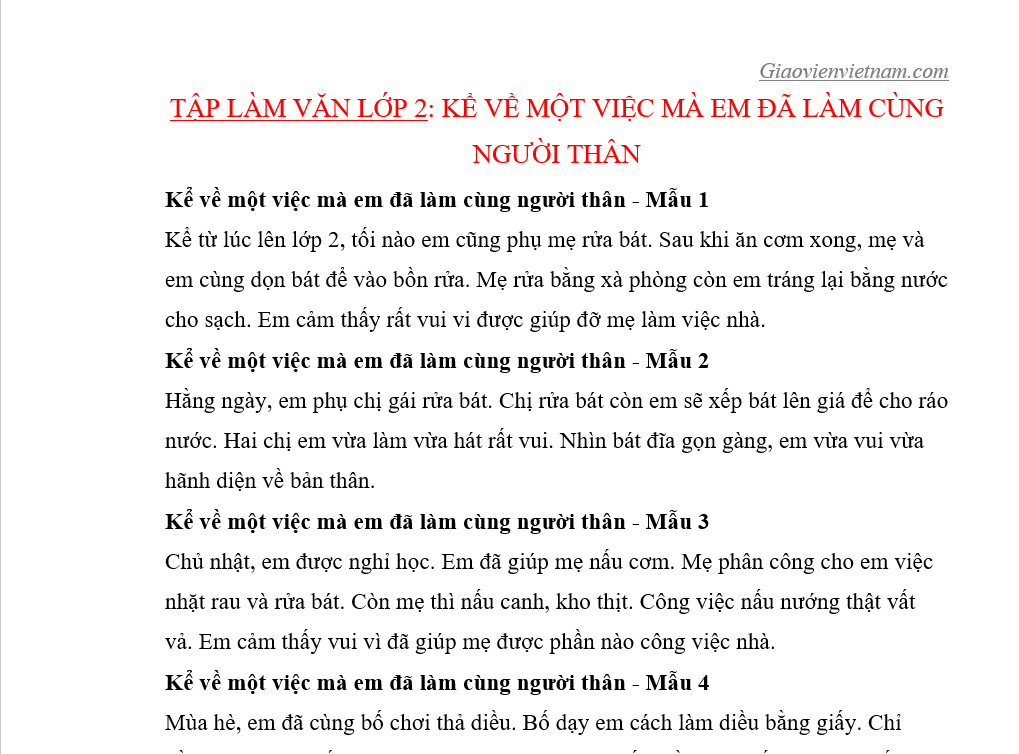 Việt 3 đến 4 câu kể về một công việc em đã làm cùng người thân lớp 3