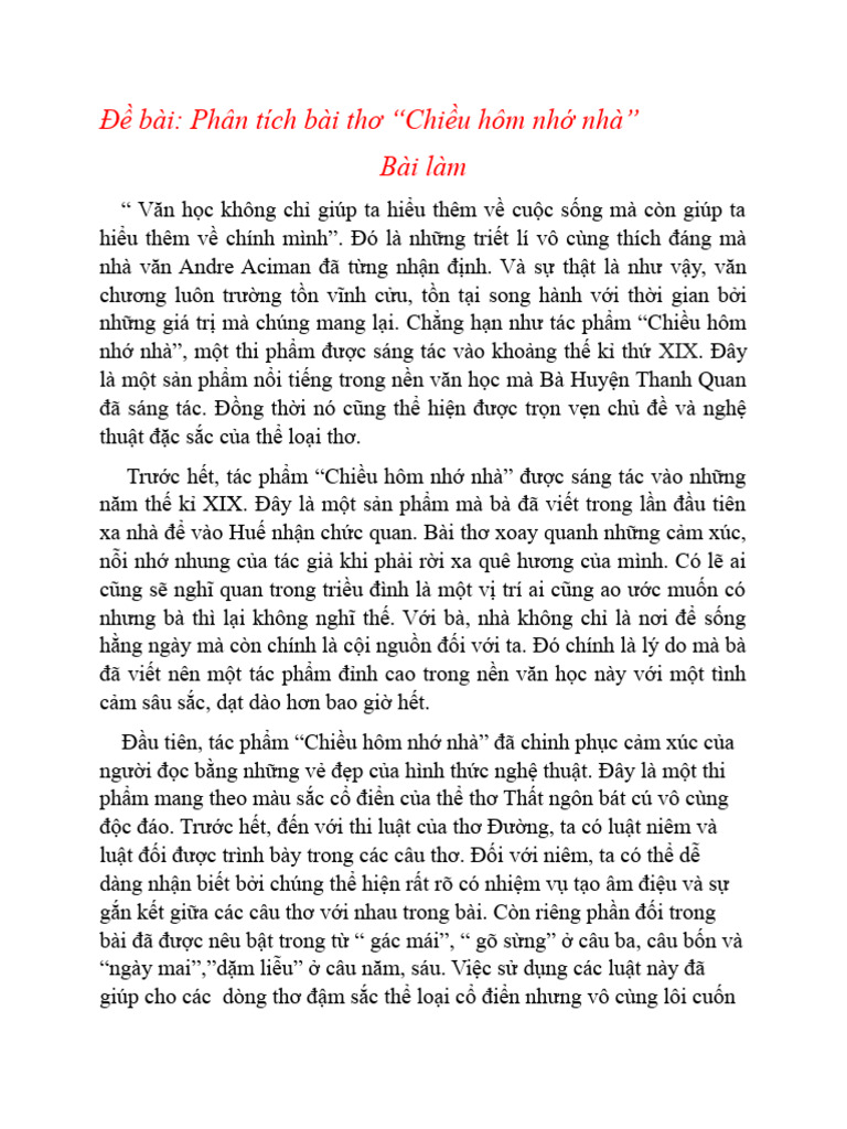 Phân tích bài thơ Chiều hôm nhớ nhà