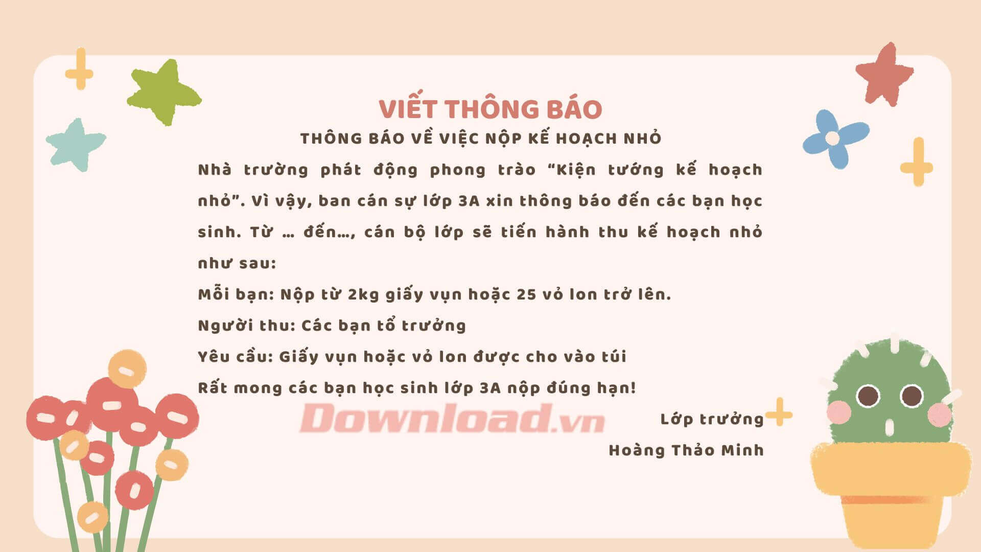 Thông báo nộp kế hoạch nhỏ lớp [Tên lớp]