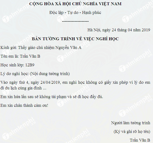 Văn bản tường trình đi học muộn
