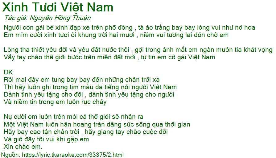 Xinh tươi Việt Nam lời bài hát