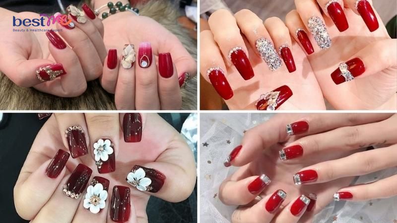 Móng Tay Đính Đá Đẹp Màu Đỏ Gallery 1