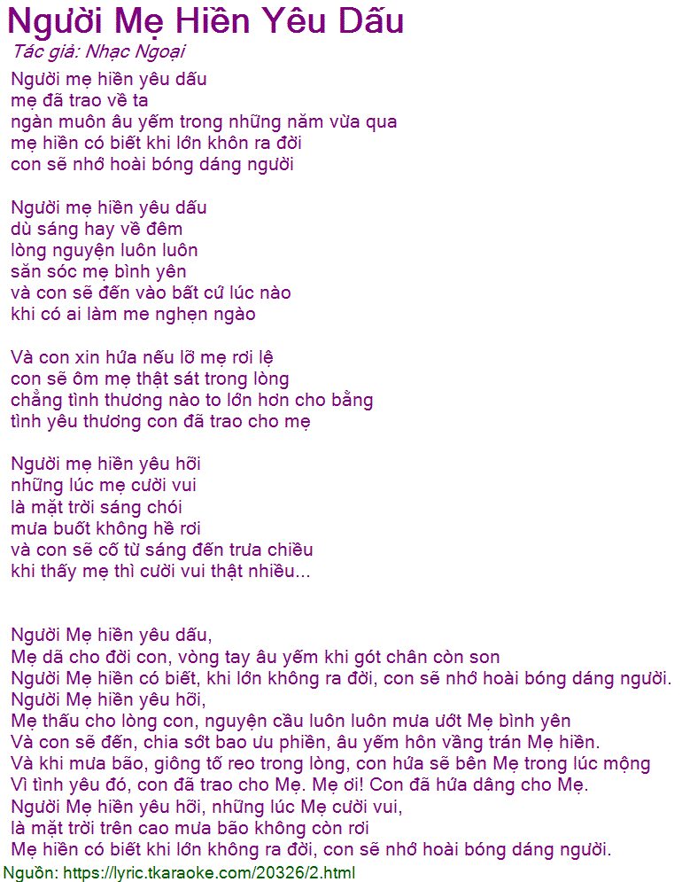 Lời Bài Hát Mẹ Hiền Yêu Dấu Gallery 2
