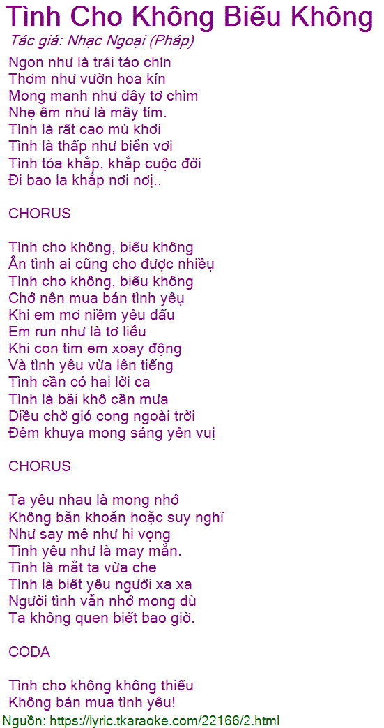 Lời Bài Hát Tình Cho Không Biếu Không Gallery 1