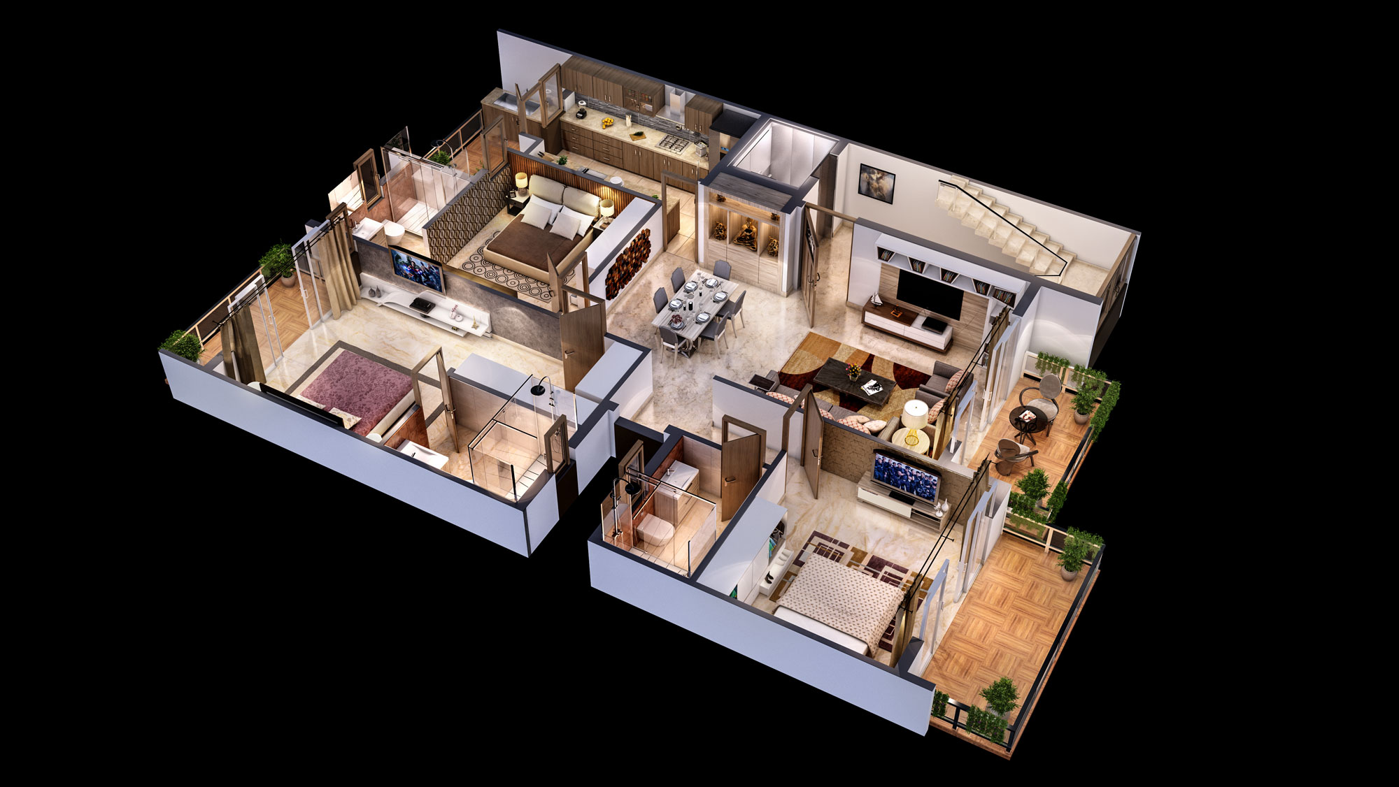 3d floor plan rendering for 4 bhk floor in adani samsara project . best animation studio for corona rendering