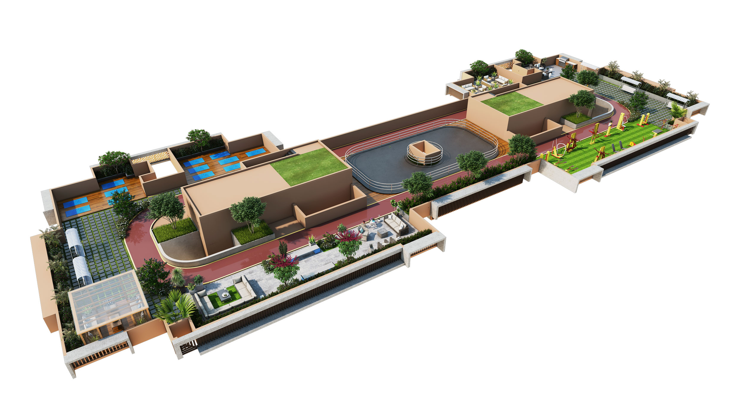 3d terrace plan for trurealty builder in mumbai india, photorealistic